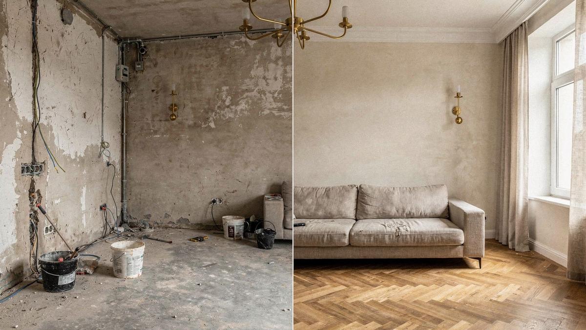 Composite before and after view of the living room in a 74 sq m Kyiv apartment